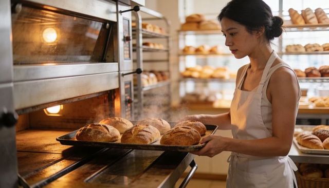 Baker removing steam-rising artisan loaves from industrial oven in busy bakery