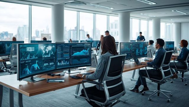 Modern open-plan office with technology and dual monitors