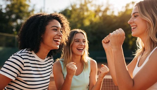 Friends celebrating victory on tennis court, laughing and pumping fists at golden hour
