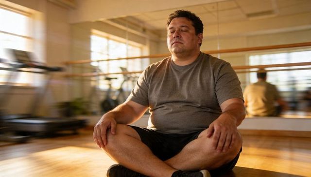 Overweight man meditating cross-legged in sunlit gym studio practicing mindful breathing
