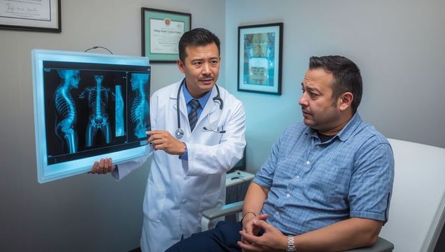 Doctor Discussing Spinal X-Rays with Concerned Patient in Hospital Room
