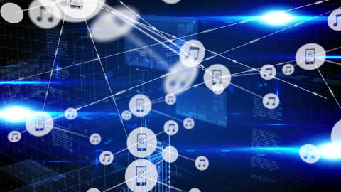 Digital Network of Music Icons Illustrating Data Connectivity