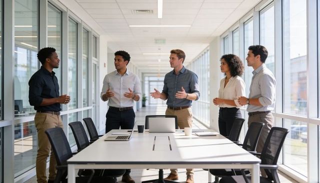 Five colleagues discussing strategy around white conference table in glass office corridor
