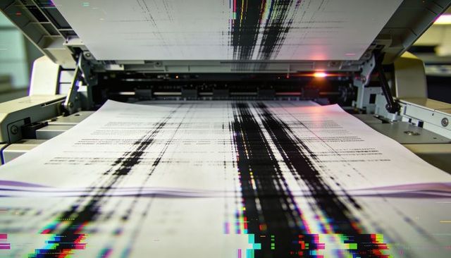 Office laser printer producing heavy black streaks and color glitches on documents