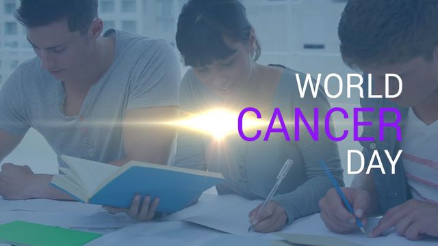 College students collaborating together for an educational purpose, symbolizing commitment to increasing awareness about World Cancer Day. Perfect for use in campaigns related to healthcare awareness, educational initiatives, and community outreach programs.