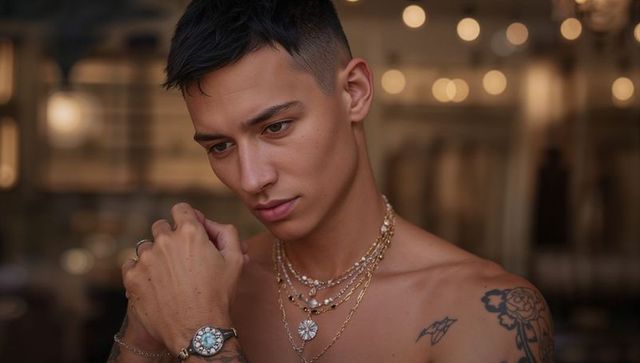 Shirtless asian male model wearing layered necklaces and watch, intimate warm portrait bokeh