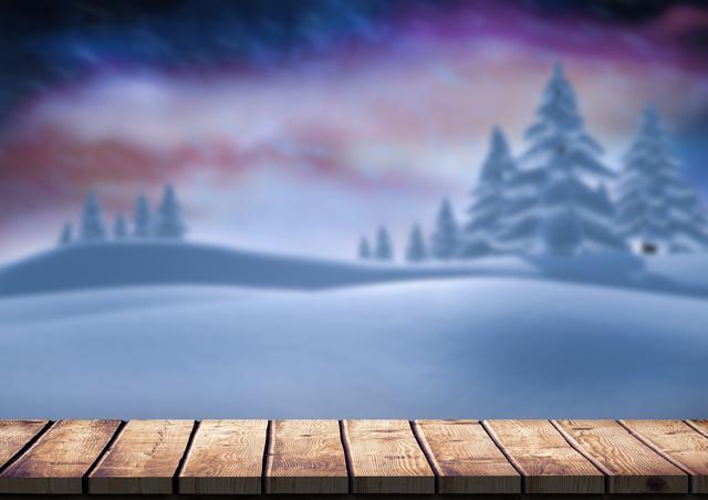 Digital composition of wooden plank with snow and fir tree in background