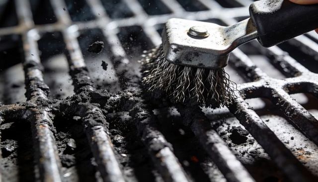 Macro closeup wire brush scrubbing charred grill grate removing grease ash particles