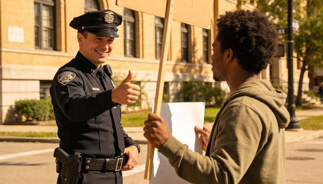 Community policing moment showing officer giving thumbs-up during peaceful protest interaction