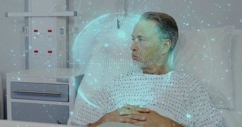 Senior Patient in Hospital with Futuristic Holographic Globe
