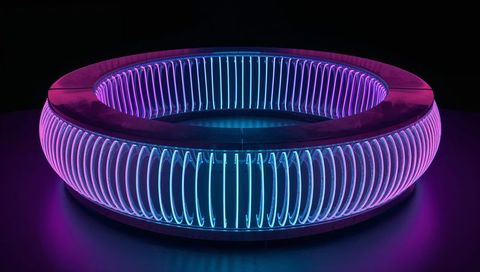 Neon torus sculpture emitting magenta and cyan glow with vertical ribbed design