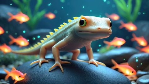 Gecko-like reptile with vivid fish in tranquil freshwater pond