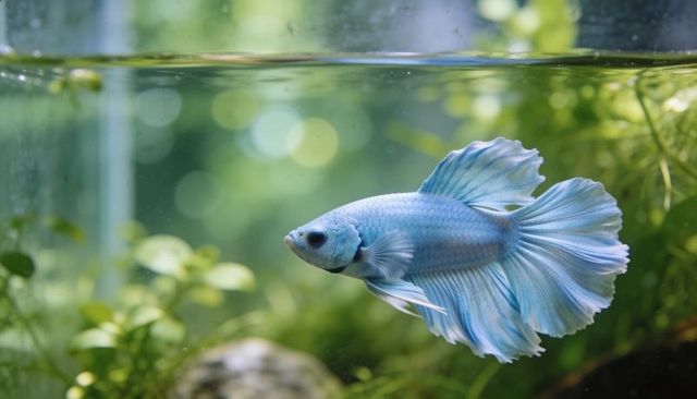 Swimming pale blue betta fish with flowing ruffled fins in planted aquarium bokeh