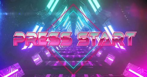Retro-futuristic neon press start arcade corridor with diamond frame synthwave led bars
