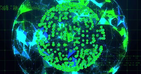 Global network with digital icons overlay on spinning world