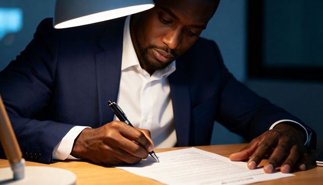 Executive signing contract at desk under lamp with pen and smartphone, focusing