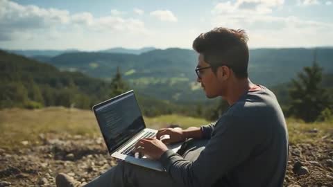 Developer Coding on Laptop in Mountains, Remote Work Footage Showing Outdoor Productivity