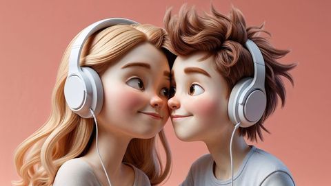 Cartoon cute couple sharing music experience