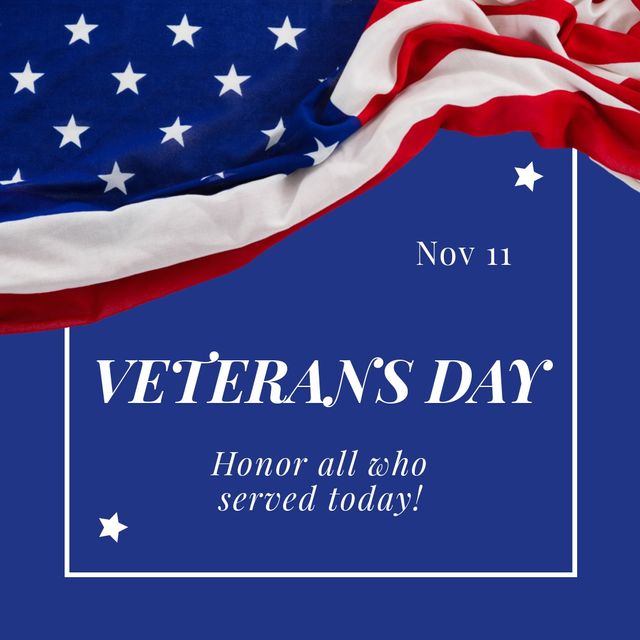 This image features a message celebrating Veterans Day with a prominent American flag in the background. Perfect for use in social media posts, community event announcements, newsletters, or as a part of Veterans Day tribute campaigns.