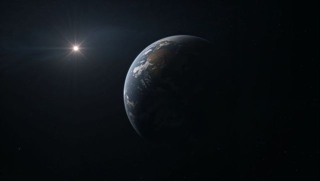 Earth-like planet revealing sunlit hemisphere and starflare from close orbit