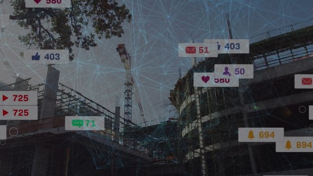 Urban construction site overlaid with digital social media icons and network connections. Icons indicating likes, shares, notifications, and messages are displayed, suggesting global digital communication. Ideal for themes related to modern technology, communication infrastructure, social media impact, urban development, and digital connectivity in construction and real estate industries.