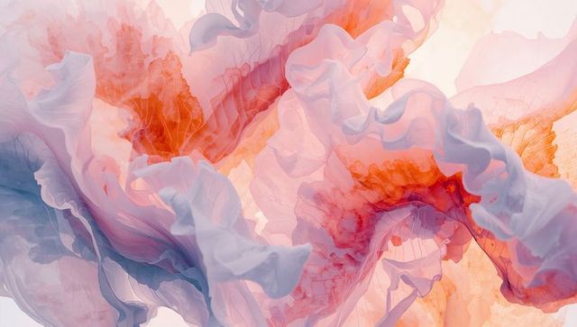 Drifting coral and lavender ruffles flowing in translucent layered abstract composition
