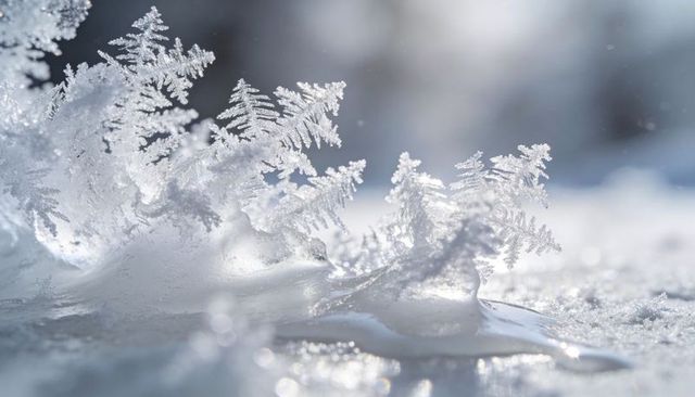 Glistening hoarfrost forming fern-like crystals on snowy surface with soft bokeh