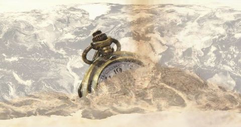 Antique pocket watch sinking in sand symbolizing time and history