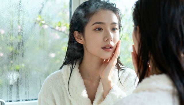Young woman touching face in mirror after shower wearing plush white bathrobe skincare
