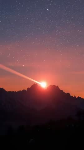 Vertical Meteor Fireball Streaking Over Mountain Ridge at Dusk with Starry Sky Cinematic
