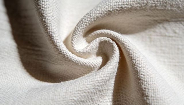 Cream linen fabric twisting into spiral closeup showing natural weave and texture