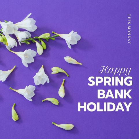 spring bank holiday greeting with white flowers on blue background - Download Free Stock Templates Pikwizard.com