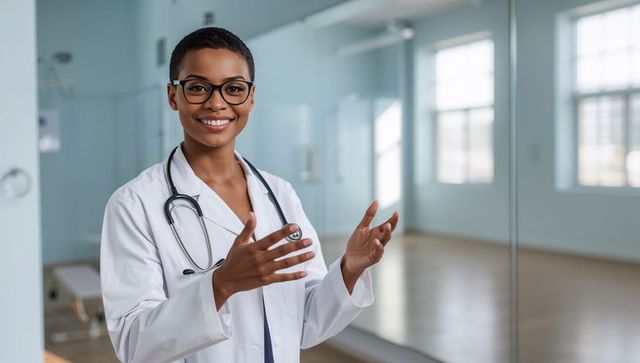 Smiling female doctor gesturing while explaining treatment in clinic with stethoscope