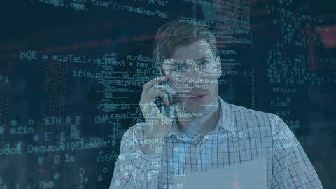 Businessman Discusses Concepts While Overlaid with Digital Data Codes