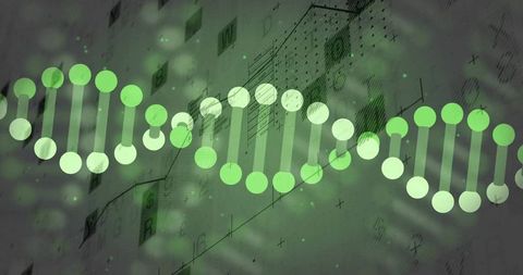 Displaying horizontal dna helix stretching across technical schematic with green bokeh