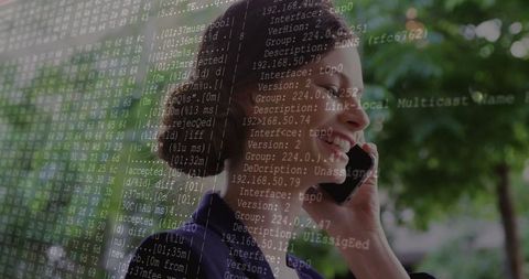 Confident Professional Woman in Park with Code Overlay