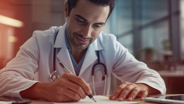 Doctor writing on medical chart at modern office desk