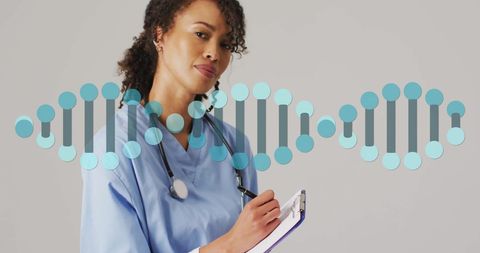 Healthcare Professional Annotating with Digital DNA Strand Overlay