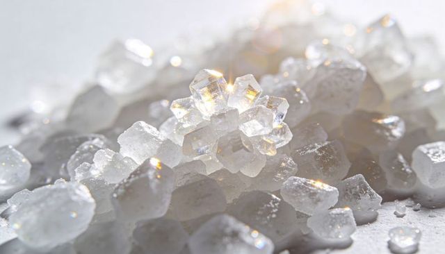 Translucent halite crystal cluster with prism flares and sparkle macro closeup