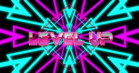 Neon Level Up Design with Arrows on Black Background