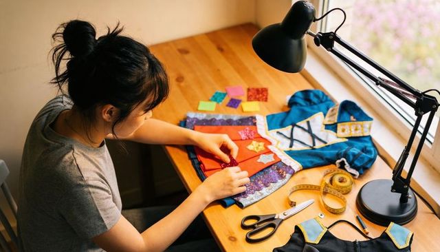 Asian woman sewing colorful cosplay costume at sunlit wooden desk, crafting hobby workspace