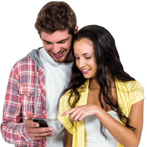 Happy Couple Sharing Moment with Transparent Smartphone Display