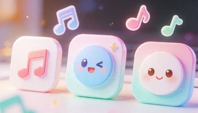 Pastel 3d app icons featuring winking and smiling faces with floating music notes