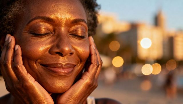 Golden hour smiling black woman closing eyes, hands cupping face, beach bokeh bliss