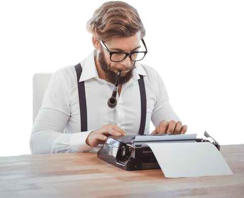 Transparent Hipster Writer Using Typewriter in Modern Office - Download Free Stock Videos Pikwizard.com
