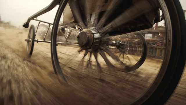 Close-up spinning vintage carriage wheel racing over packed dirt track kicking up dust