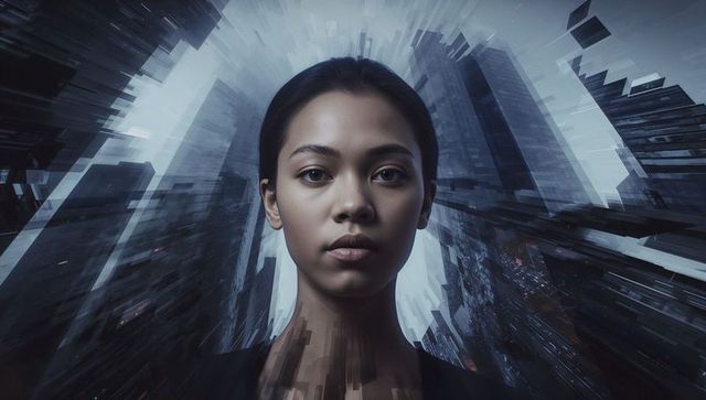 Gazing asian woman facing camera against futuristic cyberpunk skyline with digital glitch