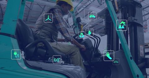 Woman operating electric forklift in warehouse with sustainability and safety icons overlay