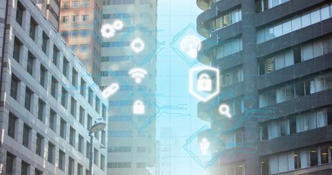 Digital Network and Security Icons Overlaying Urban Cityscape