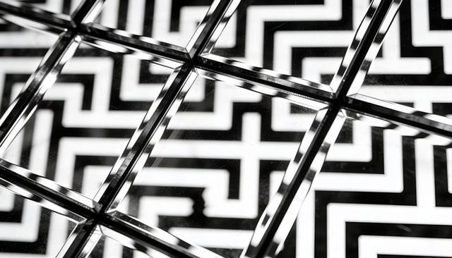 Reflecting chrome lattice over monochrome maze pattern, high-contrast geometric abstract